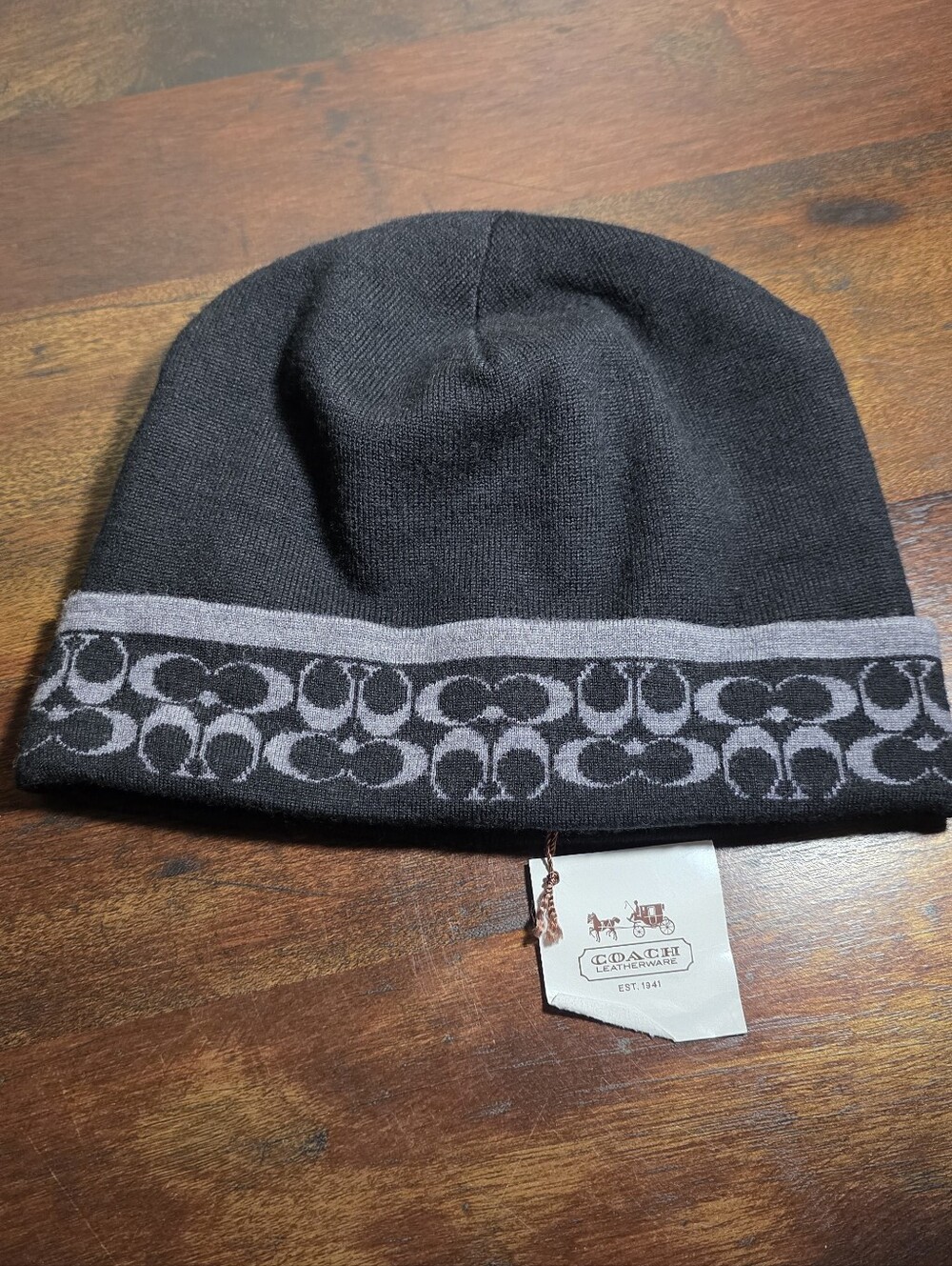 Coach Signature C Merino Wool Black/Grey Knit Beanie Super Soft OS NWT